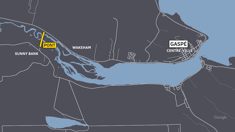 Carte créée par Radio-Canada situant la route York Ouest à l'ouest du centre-ville de Gaspé.