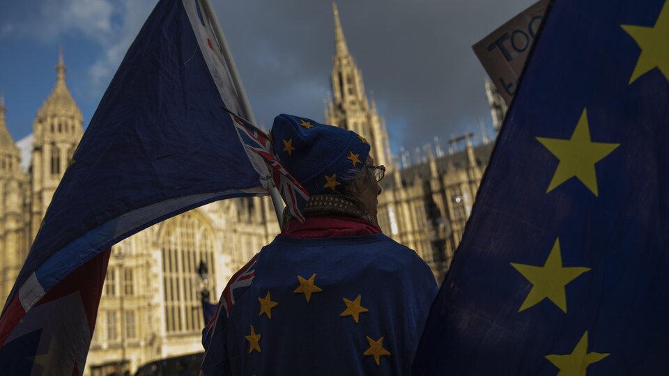 Une femme drapée dans un drapeau de l'Union européenne.
