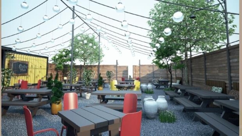 Un restaurant-conteneur et une terrasse.
