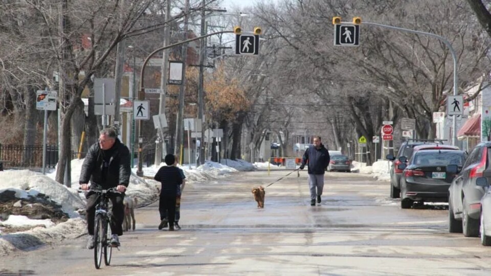 Une rue fermée à la circulation automobile. Les gens y font du vélo ou promènent leur chien, deux enfants discutent.