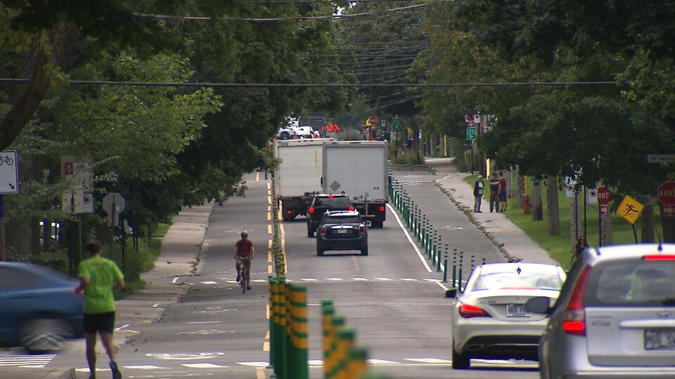 Les deux pistes cyclables sur la voie de la rue Bellechasse, à Montréal.