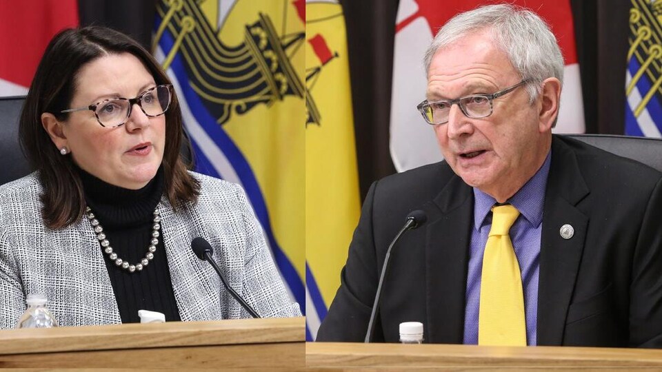 La médecin hygiéniste en chef Jennifer Russell et le premier ministre Blaine Higgs le 26 février 2021.