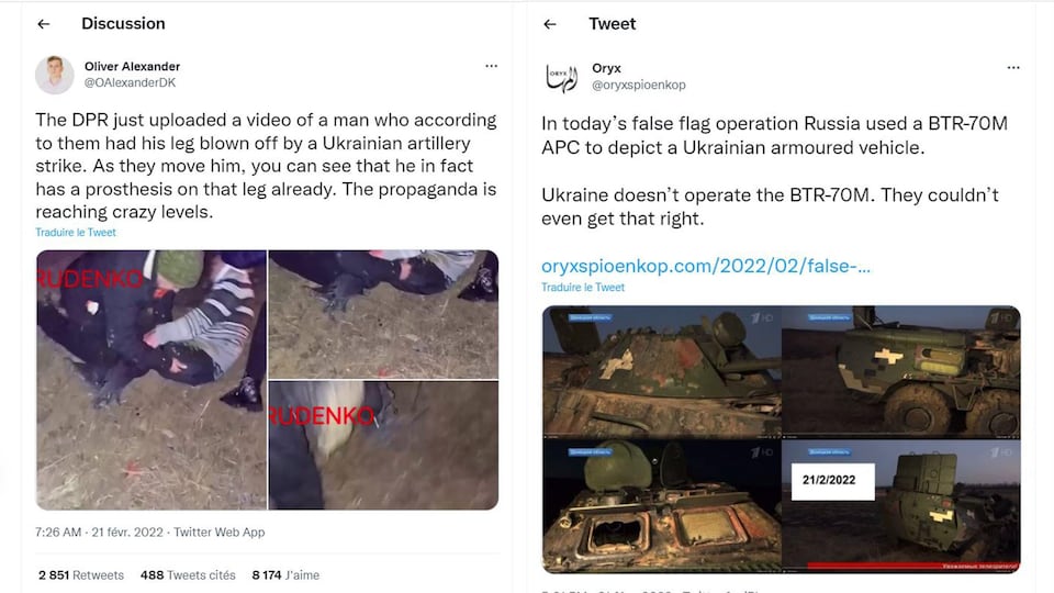 Capture d'écran de tweets dénonçant de fausses attaques diffusées par des éléments prorusses sur les réseaux sociaux.