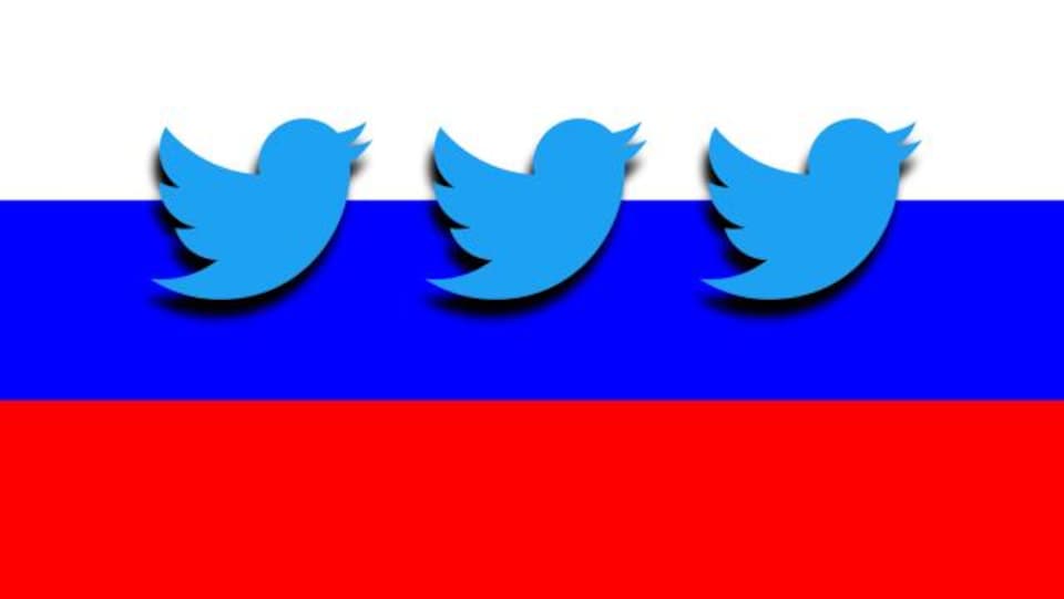 Drapeau russe avec logos de Twitter.