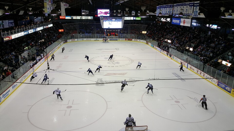 Les joueurs des Saguenéens de Chicoutimi sur la glace du Centre Georges-Vézina