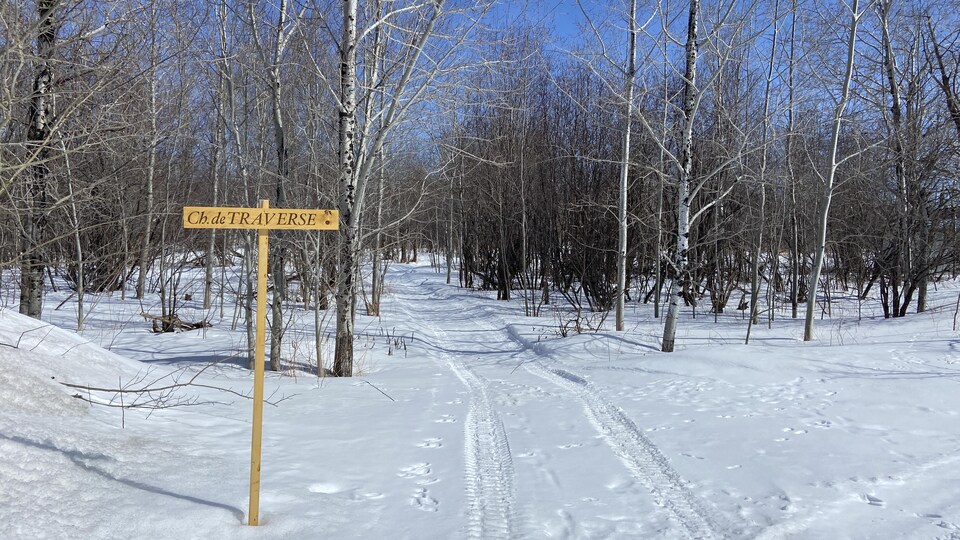 L'entrée d'un sentier vers un boisé. Le chemin est enneigé et une affiche à l'entrée du chemin indique Chemin de Traverse.