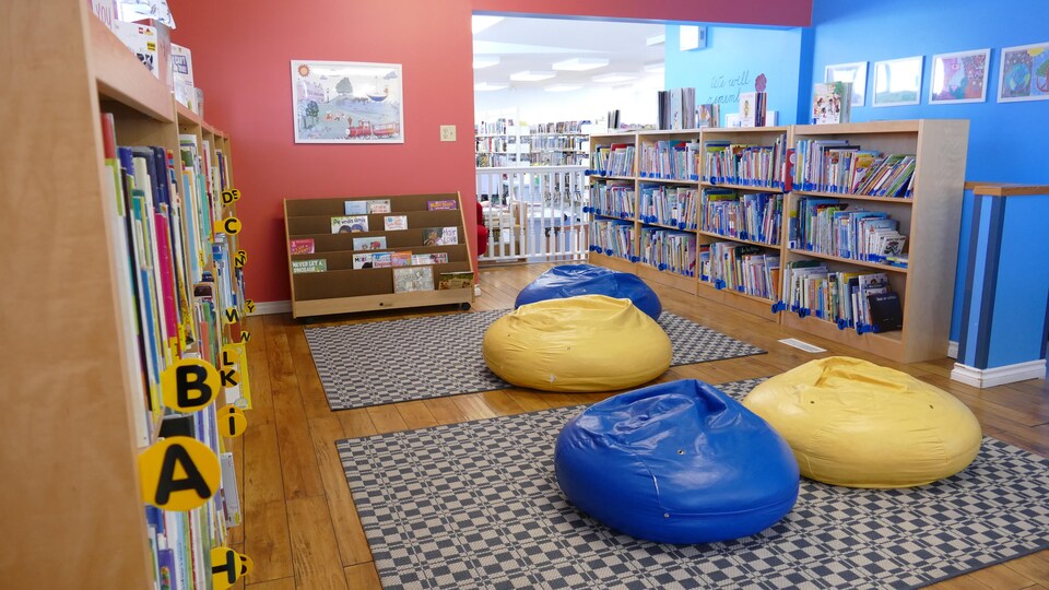Books are stored on shelves and ottomans are on the floor for seating. 