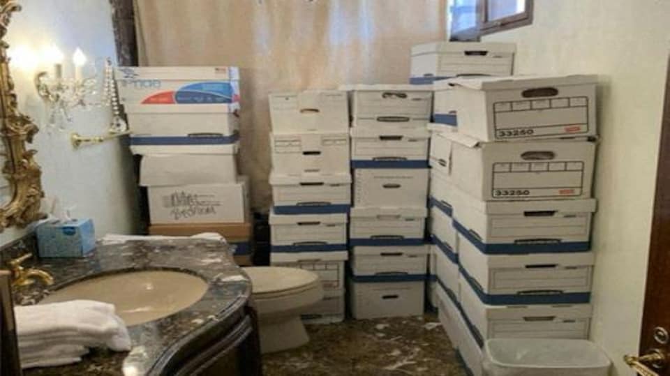 A bathroom filled with boxes of documents in Mar-a-Lago, Florida.