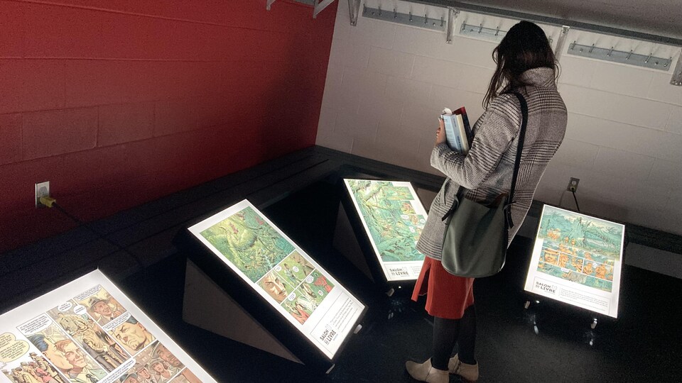 Une femme regarde des panneaux au Salon du livre de Bonaventure.