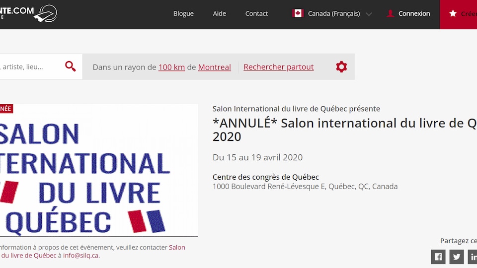 Une capture d'écran du Salon international du livre de Québec (SILQ) qui mentionne que l'événement est annulé.