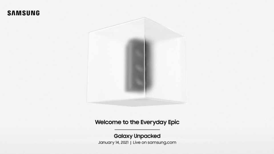 Capture d'écran d'une vidéo de l'annonce d'un événement de Samsung. Une boîte blanche opaque avec un appareil technologique à l'intérieur, sur un fond blanc.