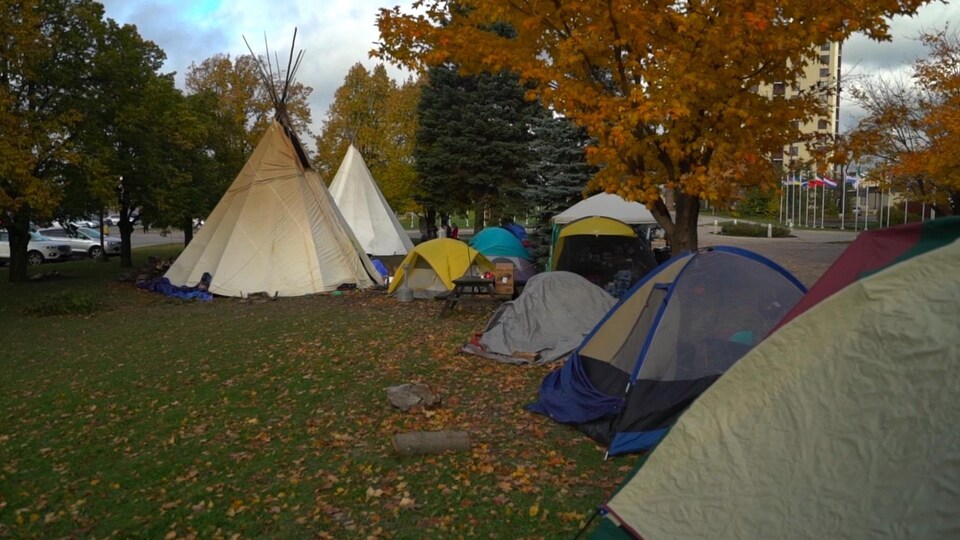 Plusieurs tentes en bordure d'un espace gazonné.