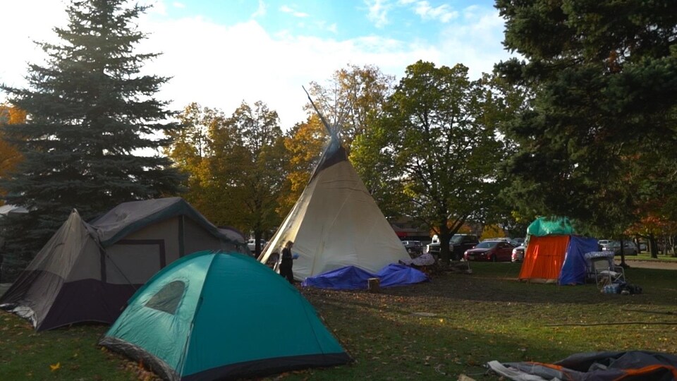 Plusieurs tentes sont installées dans un espace gazonné.