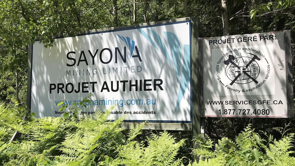 Deux grandes affiches du projet minier Authier, de la compagnie Sayona Mining, plantées dans la terre sur un terrain boisé.