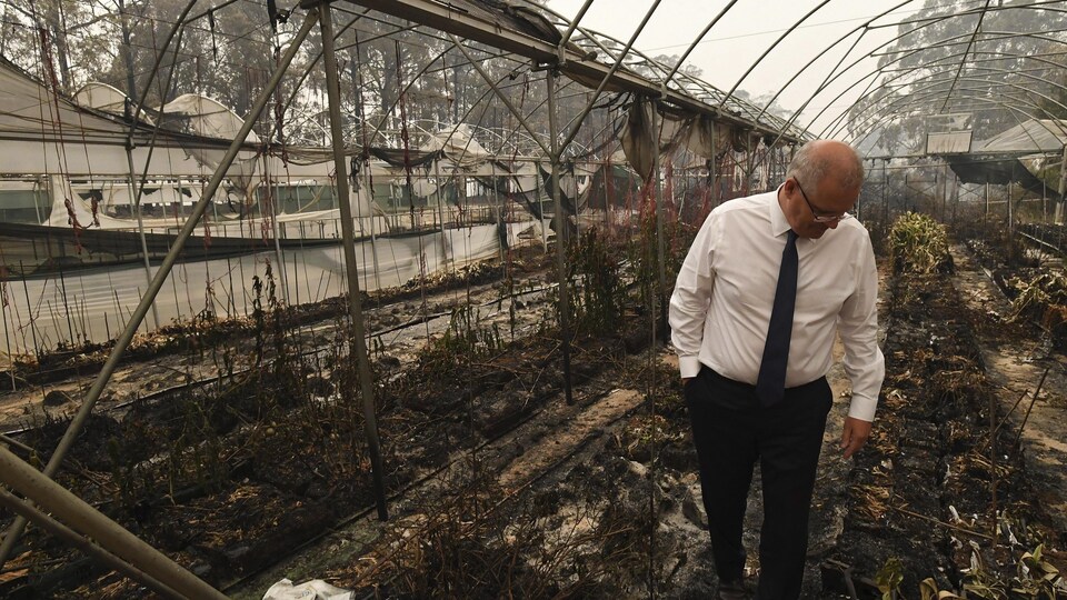 Le premier ministre australien Scott Morrison se promène dans une serre détruite par les flammes à Sarsfield, dans l'État de Victoria.