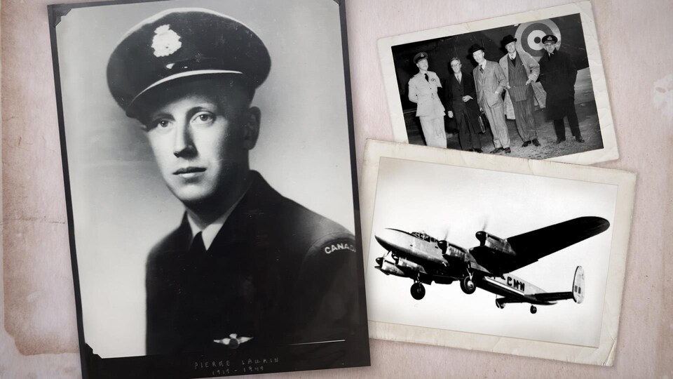 Un montage photographique montre le jeune pilote Pierre Laurin, un avion en vol et des hauts fonctionnaires de la Royal Air Force posant devant un avion au sol.