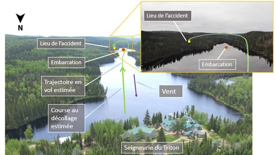 An aerial photograph showing the estimated path of the crashed seaplane.