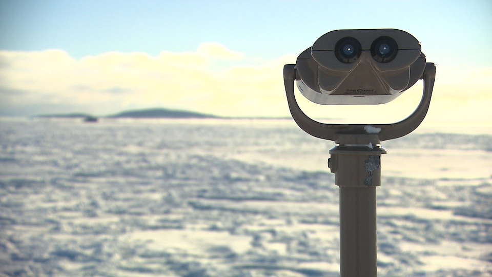 Une machine pour voir au loin sur le bord de l'eau à Sept-Îles.