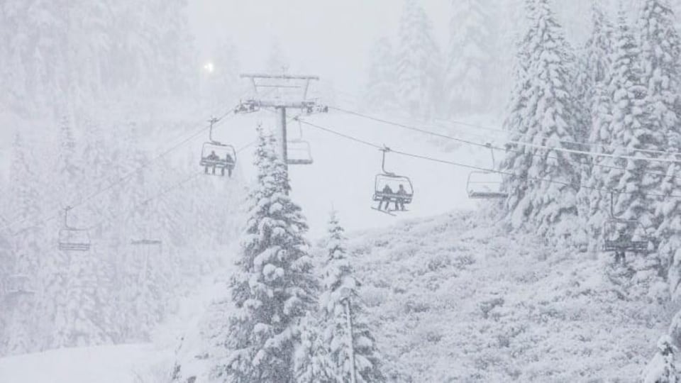 Montagne de ski avec un télésiège et des sapins couverts de neige.