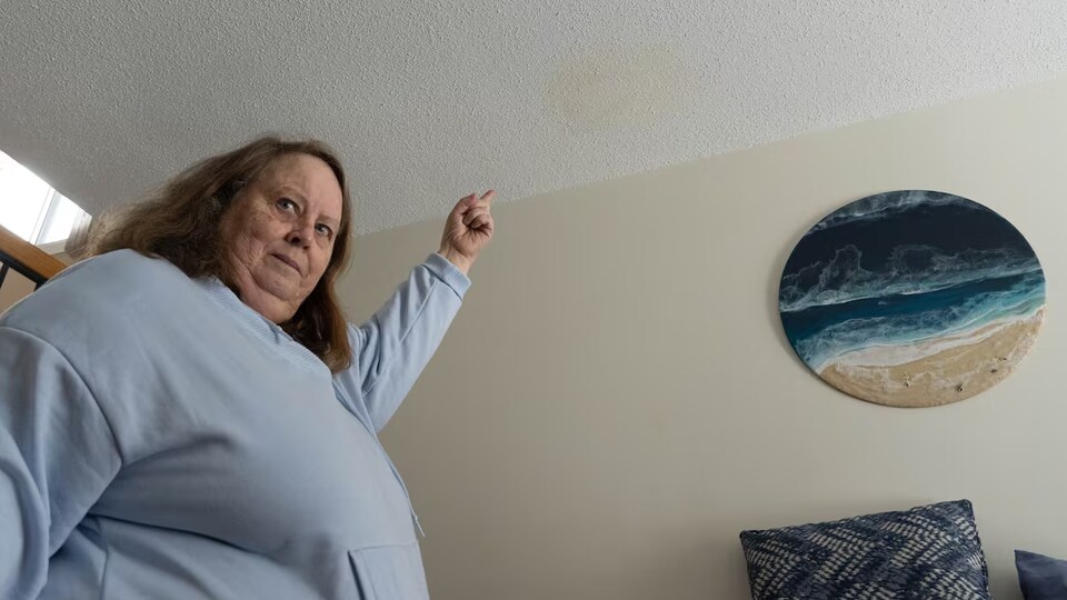 Sharon Peeler montre l'endroit sous sa toilette à l'étage, où il y a eu une fuite.