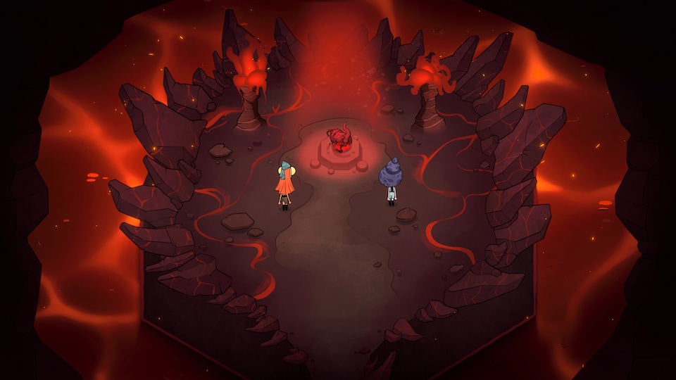 Deux personnages au centre d'un espace aux allures volcaniques.
