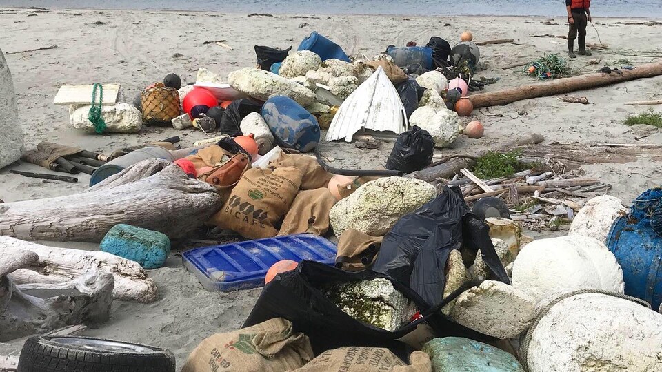 Des débris entassés sur une plage.
