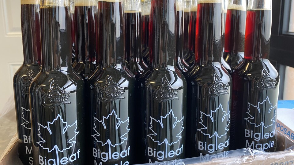 Des bouteilles de sirop d'érable, avec le logo de l'entreprise BigLeaf Maple.