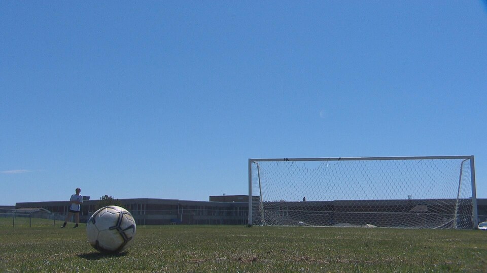 Un ballon de soccer sur le sol devant un filet