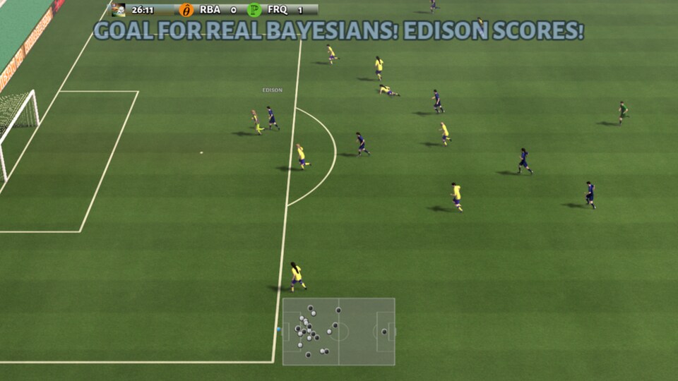 Une capture d'écran d'un jeu vidéo de soccer montrant une vue d'ensemble du terrain.