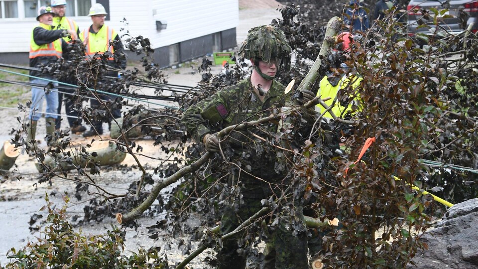 Un soldat retire une branche d'arbre d'une rue.