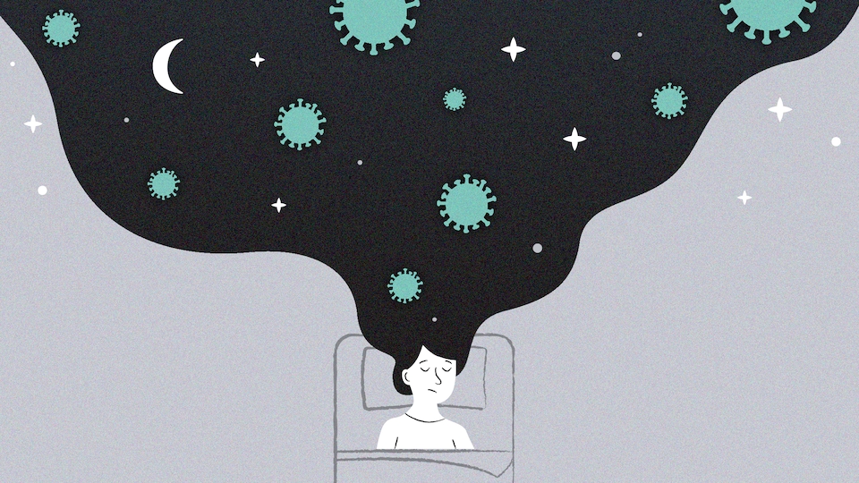 Illustration d'une femme couchée dans un lit. Ses cheveux deviennent une énorme bulle où flotte des molécules de covid et des étoiles.