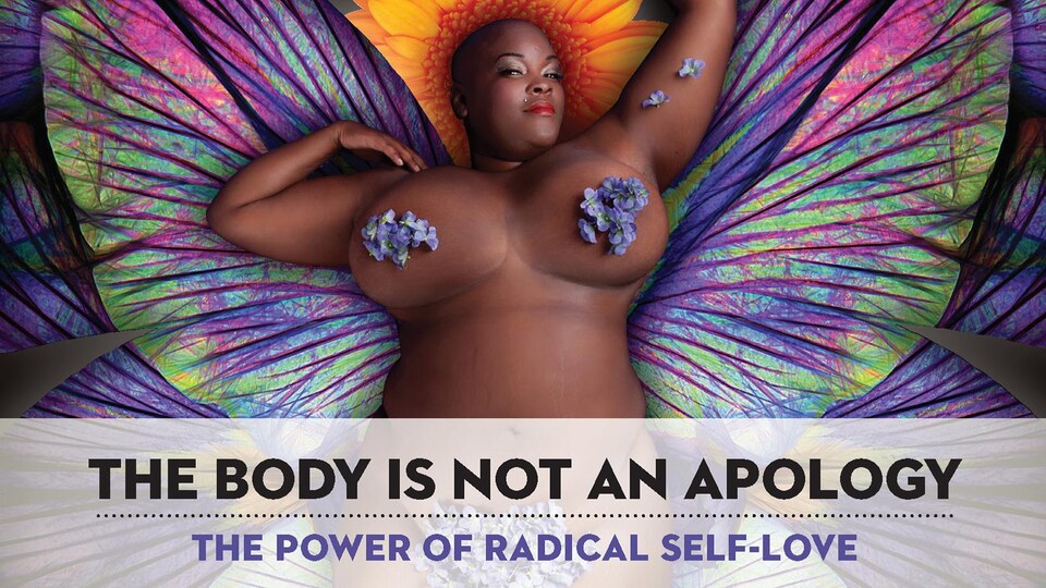 Couverture du livre The Body in Not An Apology sur laquelle on trouve une femme noire nue couchée sur des ailes de papillon.