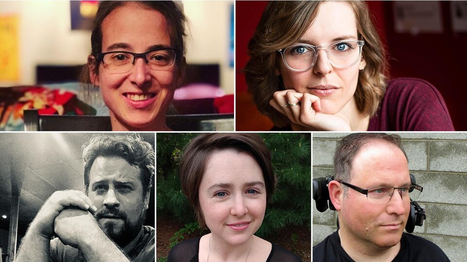 Montage photo des portraits des 5 autrices et auteurs finalistes du Prix du récit Radio-Canada 2019. Dans le sens horaire : Sophie René de Cotret, Julie Day-Lebel, Francis Ouellette, Vicky Larochelle et François Marcotte