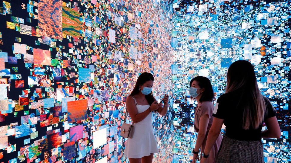 Trois femmes contemplent une œuvre numérique immersive.
