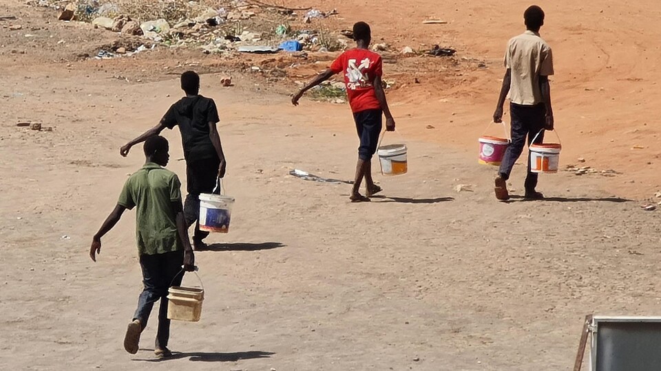 Quatre jeunes portant des bidons d'eau dans un terrain vague
