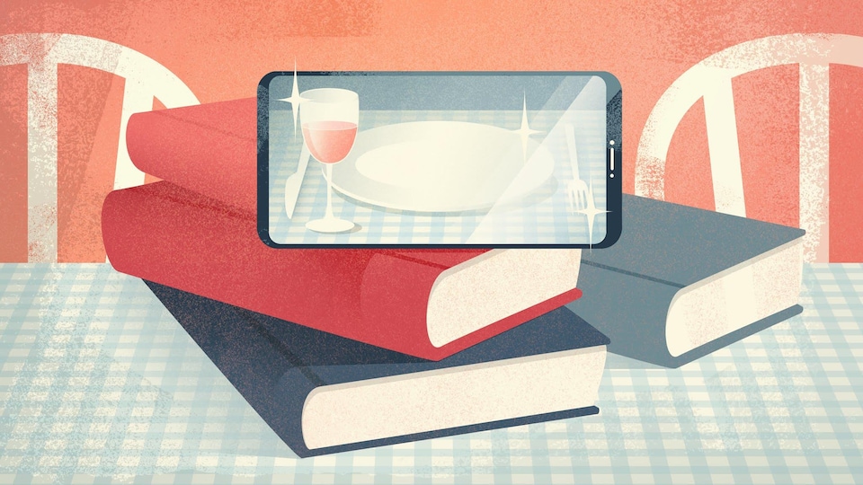 Illustration d'un téléphone intelligent appuyé sur quelques livres, sur une table de cuisine.