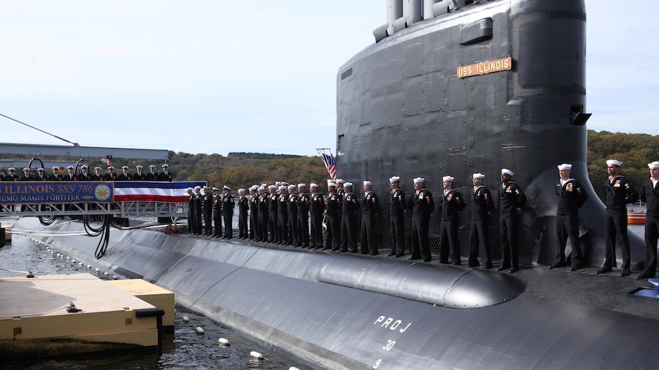 A submarine with crew members.