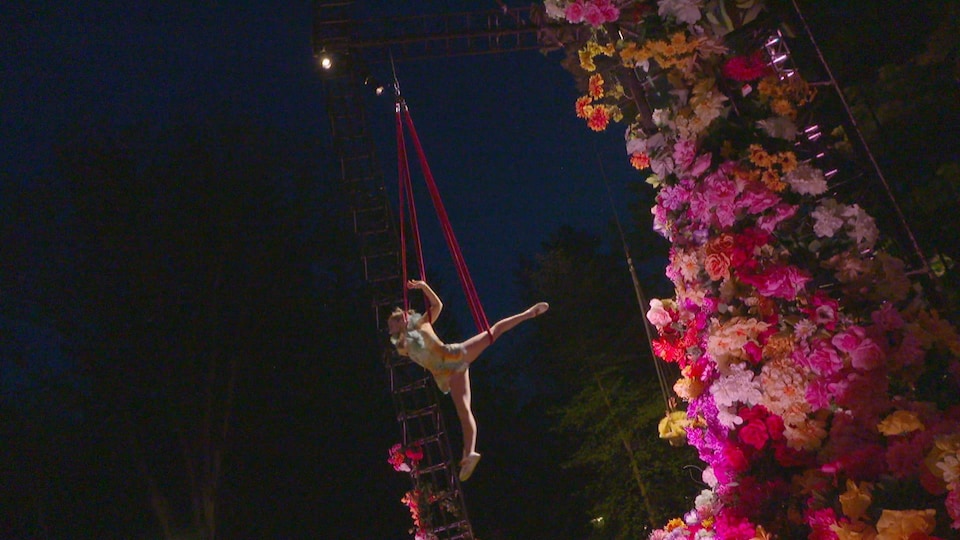 Une acrobate en train de faire un numéro de cirque, suspendue dans les airs.