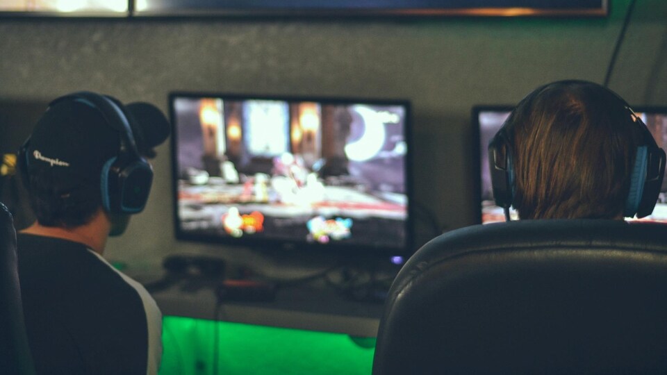 Deux gamers de dos devant des écrans.