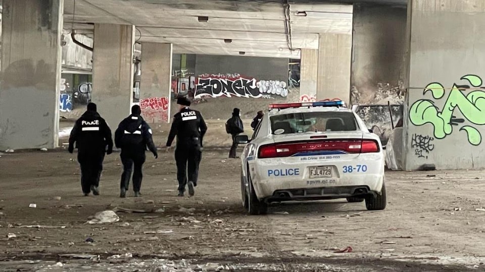 Trois policiers à côté d'une voiture de police, sous un viaduc.