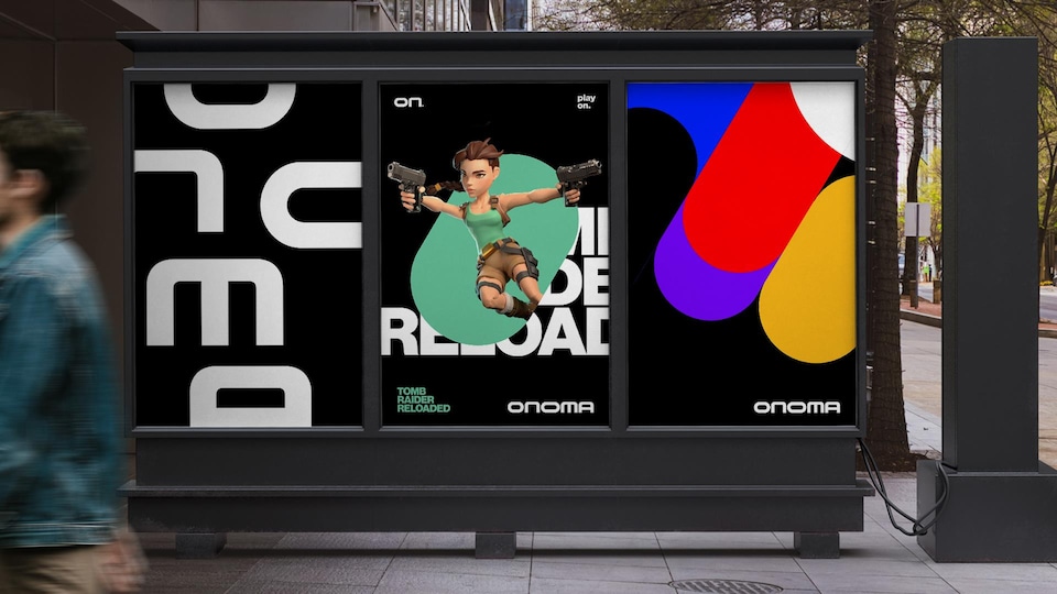 Une affiche extérieure montre le logo d'Onoma et une image de jeu vidéo. 