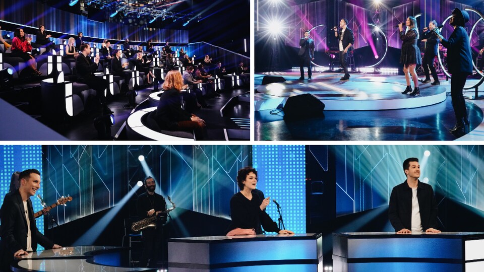 Des personnes chantent et sont assises en studio.