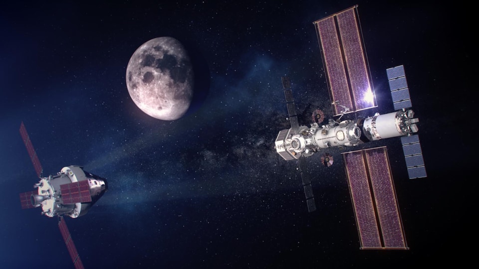 Le vaisseau spatial Orion en phase d'approche de la station spatiale lunaire Gateway (illustration artistique)