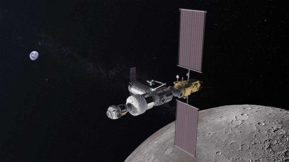 Illustration artistique de la station spatiale Gateway autour de la Lune.