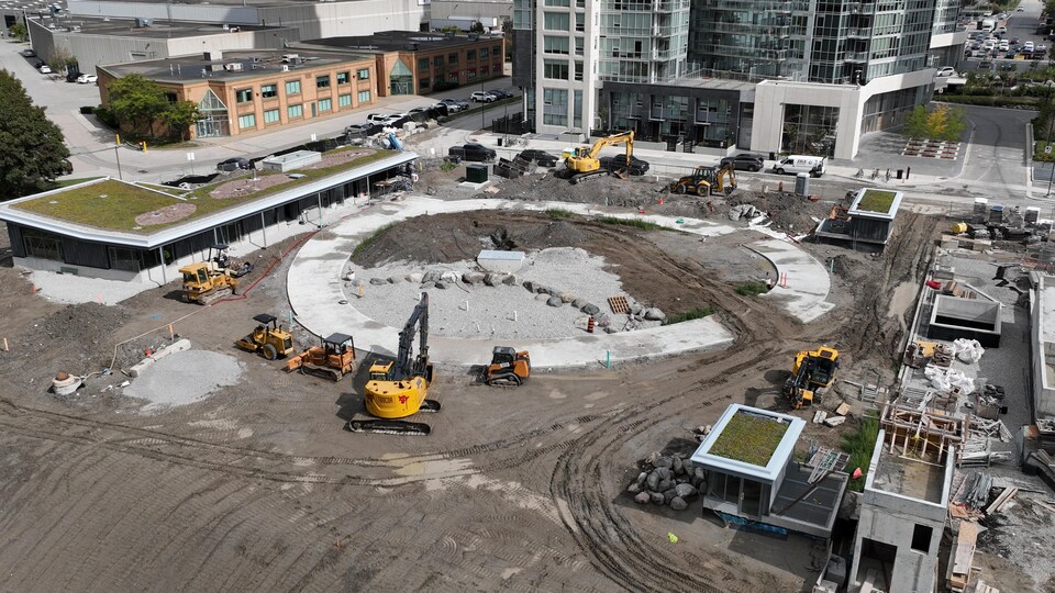 Photo aérienne des travaux du stationnement du projet immobilier Expo City. 