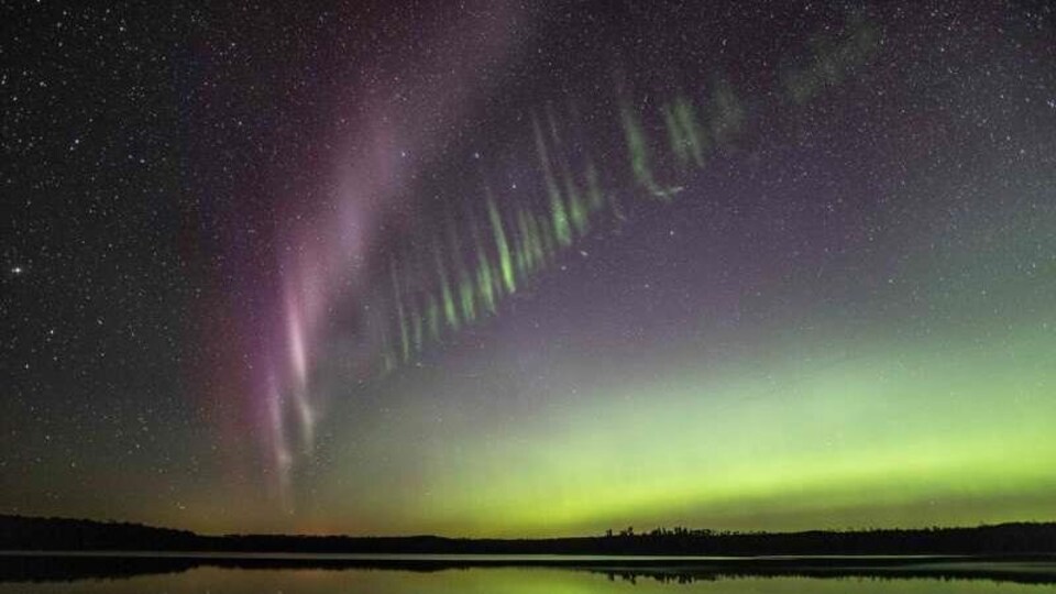 Prise au bord d'un lac, cette photo d'un ciel étoilé montre l'arc lumineux mauve et les lignes vertes parallèles qui apparaissent lors des phénomènes STEVE qui sont associés aux aurores boréales.