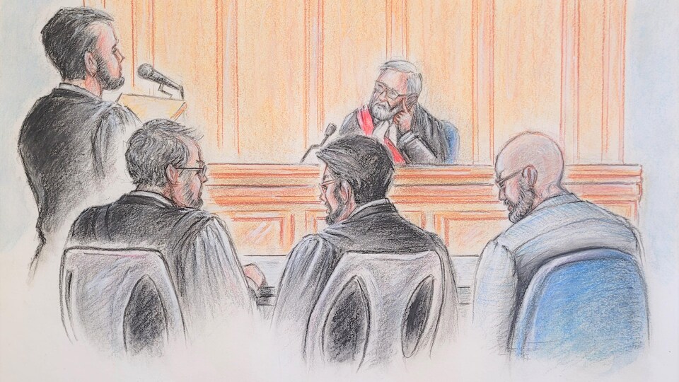 Illustration des juges et des avocats de la défense accompagnés de l'accusé.