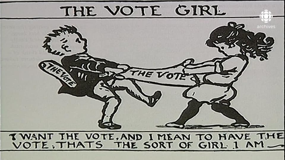 Caricature intitulé de «The Vote Girl» illustrant une jeune fille qui tire violemment sur un bordereau de vote, retenu par un garçon. Sous la caricature, le commentaire suivant: «I want the vote, and I mean to have the vote, thats the sort of girl I am».