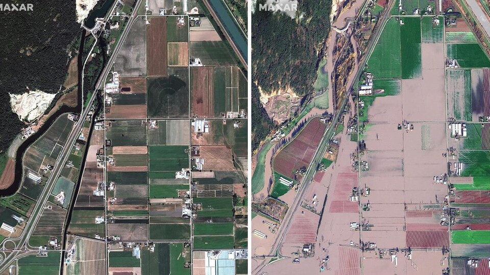 Images satellites montrant les inondations à Sumas Prairie, à Abbotsford en C.-B.
