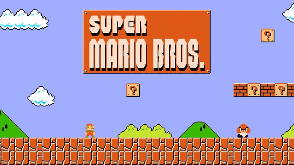Une capture d'écran de l'image d'accueil du jeu Super Mario Bros.